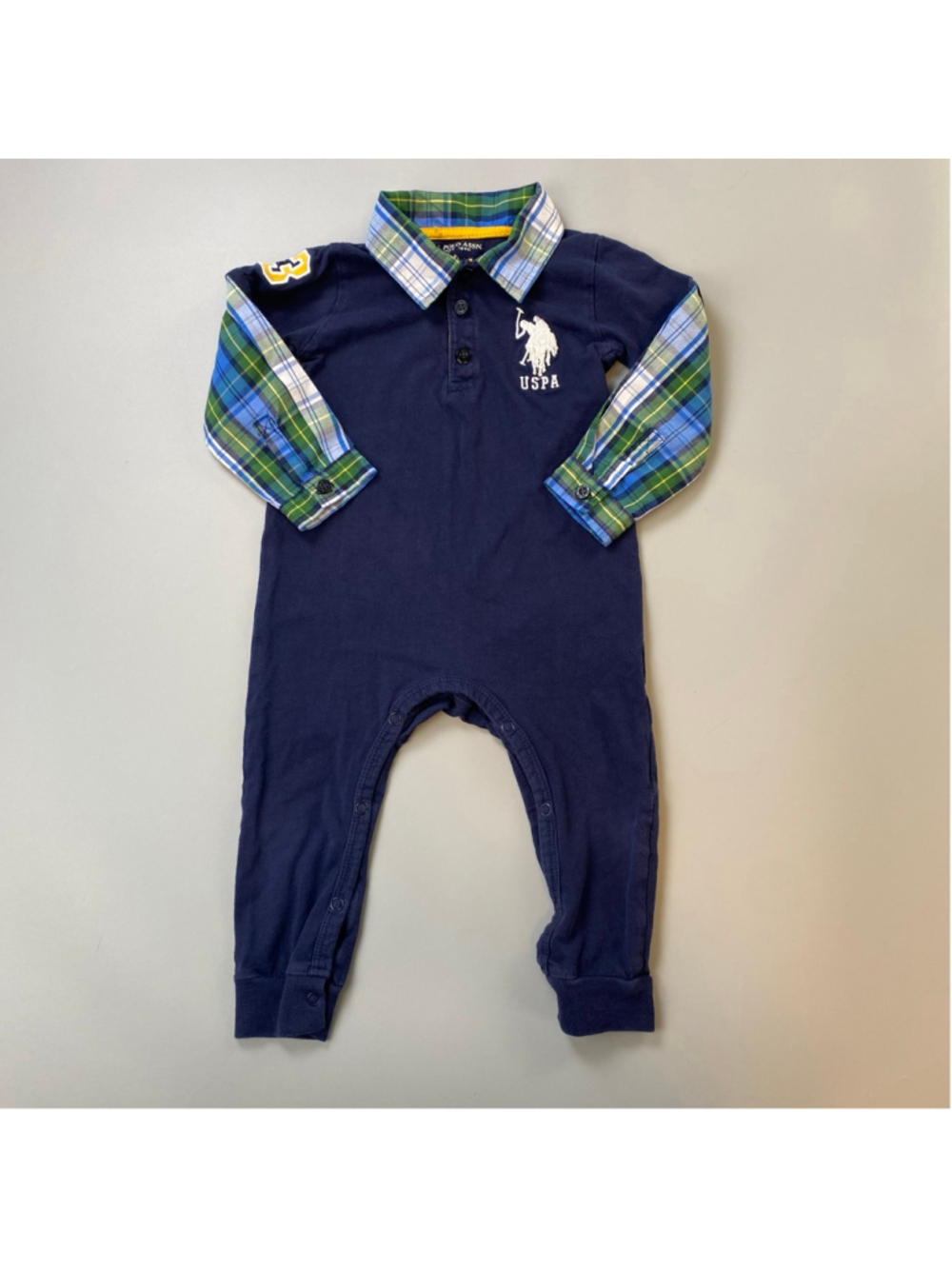 Baby U.S. Polo Assn. Bodysuit 18 Months Navy Plaid Long Sleeve Layered Preppy
